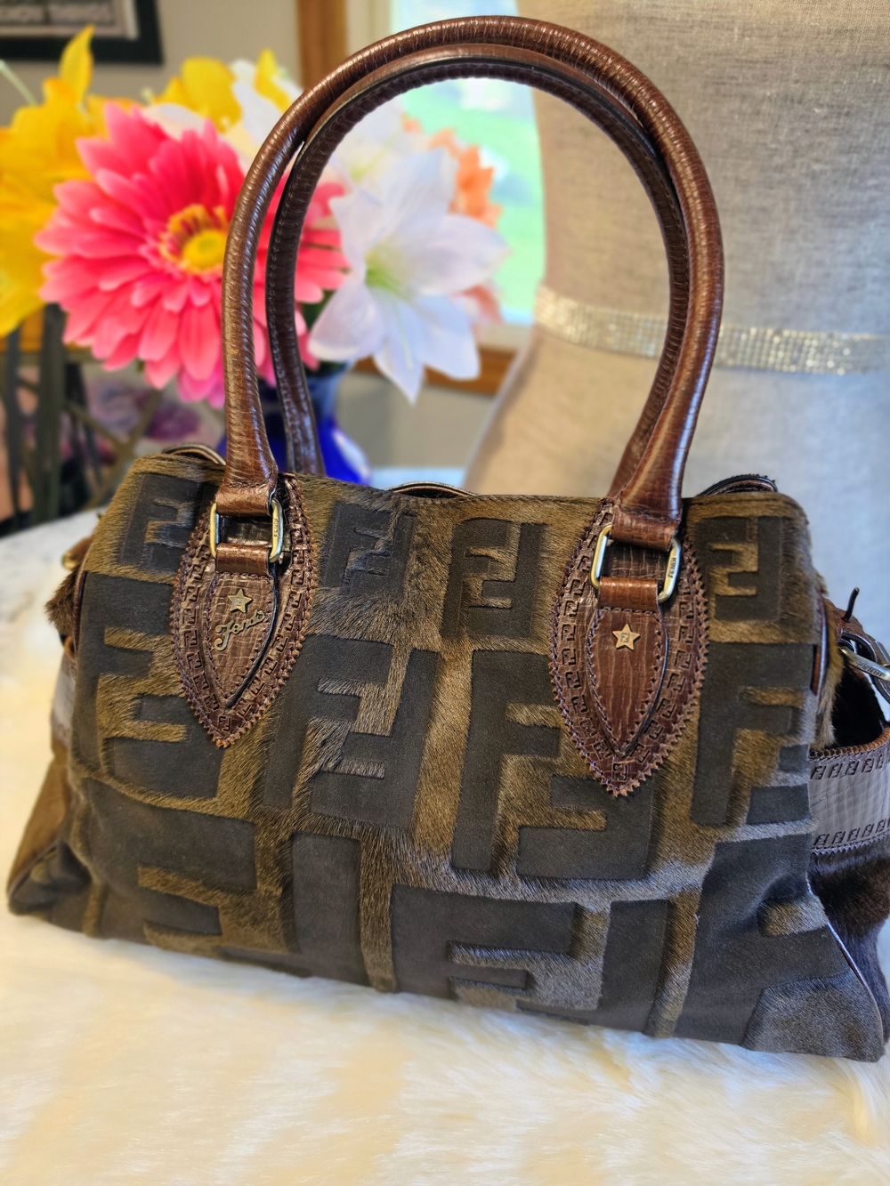 Fendi Zucca FF Pony Hair & Suede Satchel with Leather Handles EUC - Picture 15 of 16